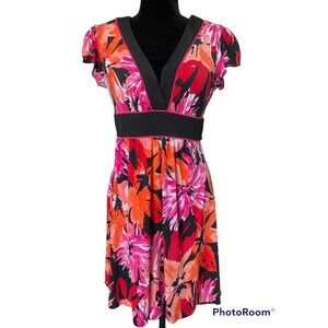 Speechless Womens Red Floral Short Sleeves V Neck Tie Back A Line Dress Lg NEW